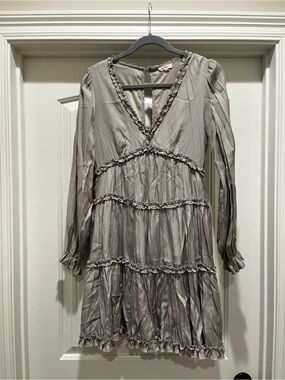 Long Sleeve Gray Ruffle Tiered V-Neck Dress